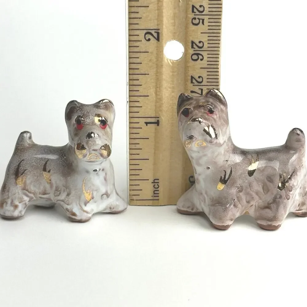 Vintage MCM Scottish Terrier pair miniature ceramic hand painted gold figurines